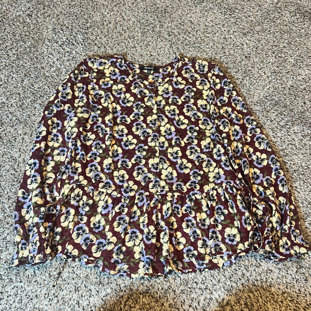 Madewell Floral Print Long Sleeve Peasant Top Burgundy Pansy Motif Size Small